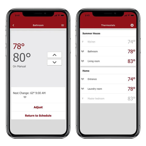 Smartphone app interface for Ntrust Non Programmable Thermostat with Floor Sensor and Class A GFCI, showing temperature control.