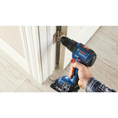 Using GSB18V-490B12 18V EC Brushless Half Inch Hammer Drill And Driver Kit with 2 Ah Battery on door hinge for home improvement