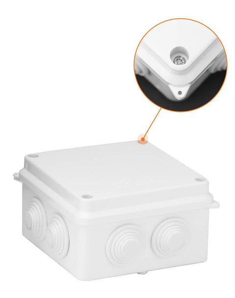 Close-up of Weatherproof IP65 Junction Box 4 By 4 By 2.8 Inches ABS Plastic 2 Pack Surface Mount Enclosures with visible corner detail