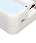Close-up of the Banapoy Inkless Bluetooth Thermal Label Maker Machine with five rolls, showcasing its compact design and ports.