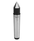 Pro Grade MT2 Carbide Tipped Half Notched Dead Center for Woodturning and Lathe Work, showing tapered steel tip and black collar.
