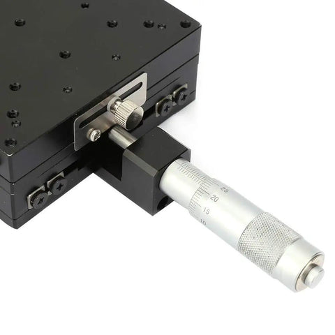 Workhorse Aluminum XY Axis Linear Stages With Micrometer Manual Slide Table 100mm By 100mm By 40mm Black Anodized Roller Track, side view
