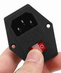 Front view of a three-piece AC power socket switch with built-in light and four-pin for 3D printer, CNC, electronics enclosure.