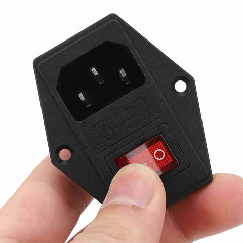 Front view of a three-piece AC power socket switch with built-in light and four-pin for 3D printer, CNC, electronics enclosure.