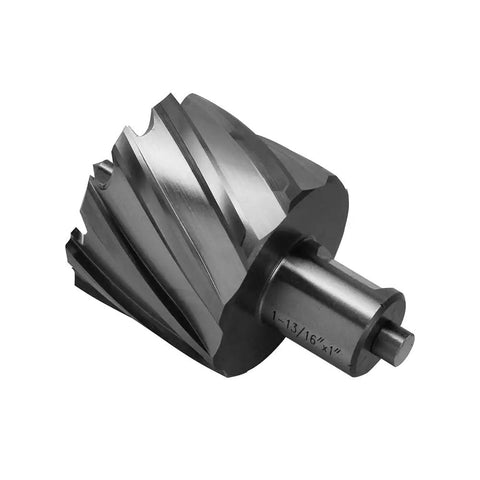 Badass Hss Annular Cutter 1 13/16 Inch Cut Diameter With 3/4 Weldon Shank And Precision Pilot Pin showing sharp cutting edges.