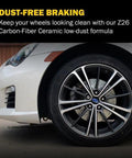 PowerStop front brake pads on a white car front wheel with visible rotor and caliper.