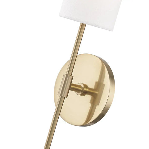 Side view of Olivia Wall Sconce in aged brass finish, 4.75 inch wide by 18.75 inch high, part of modern rustic lighting fixture.