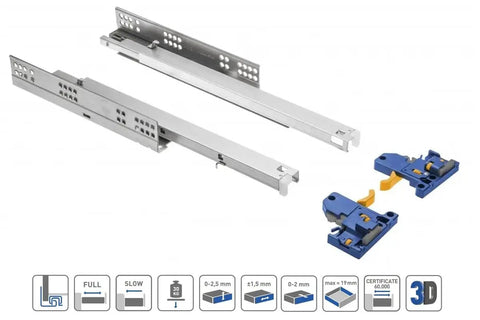 3D Adjustable Soft Close Full Extension Drawer Slides, Undermount Ball Bearing Runners, 250mm, Zinc Plated Steel, with Clips