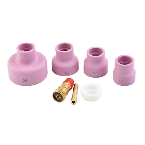 7 Piece TIG Torch Kit For Stubby Gas Lens Ceramic Cup Set Sizes 12 14 16 24 With Two Point Four Millimeter Collet For WP 17