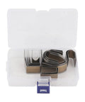 Leather Hole Punch Set With Half Round End Punches in storage case, 3 shapes, 18 pieces for DIY embossing and crafting projects.
