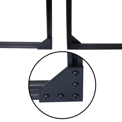 Close-up of 10 Piece L Shape Corner Brackets For 20x20 Aluminum Profiles 60x60x4mm showing installation on black anodized frame.