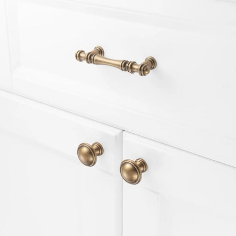 30 Pack 3 Inch Antique Brass Cabinet Pulls Set For Kitchen Cabinets, Drawers, Dressers And Cupboards, Vintage Brass Handles on White Cabinets