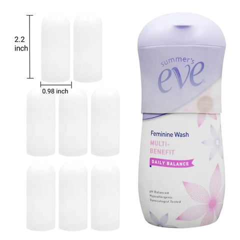 Silicone Bottle Covers Travel Set Must Have Elastic Leak Proof Sleeves For Toiletries And Lotions; 8-pack with size dimensions shown; feminine wash bottle in purple and white