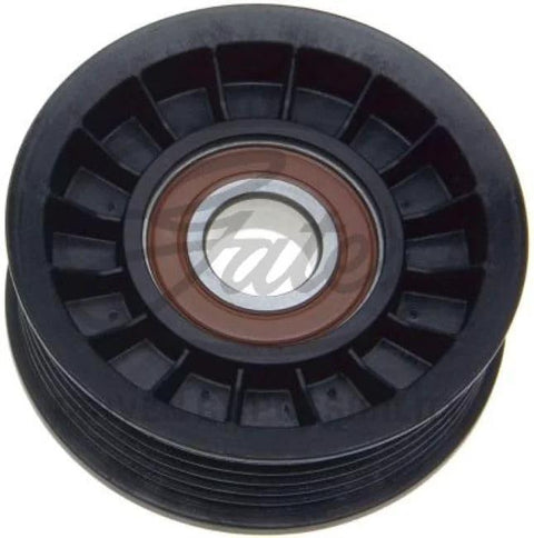 Front view of Amazon DriveAlign belt drive idler/tensioner pulley with brown bearing seal and black grooved pulley