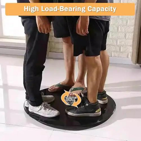 39 Inch Glass Lazy Susan Turntable With Six Super Slick Wheels Hella Sturdy Rotating Serving Tray underfoot with people standing on it.