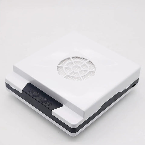 Slick 60W Desktop Dust Collector With Retractable Straw And Bright LED Light For Wood Carving Metal Sanding And Workbench Cleanup Compact Portable Shop Vacuum Extractor in white with buttons and fan grill.