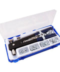 86 Piece Rivet Nut Tool Kit Hand Riveter Set With M3 M4 M5 M6 M8 Threaded Rivet Nuts And Mandrel Heavy Duty Drop Forged Steel Body Anti Slip Handle Pro Grade For Cars Machinery Trailers Furniture And Boats in open blue case showing tool and nuts.