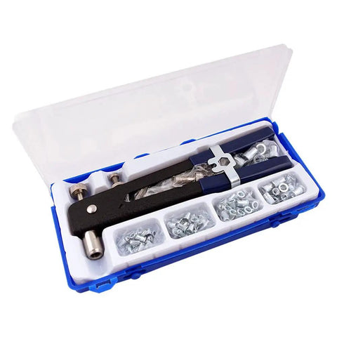 86 Piece Rivet Nut Tool Kit Hand Riveter Set With M3 M4 M5 M6 M8 Threaded Rivet Nuts And Mandrel Heavy Duty Drop Forged Steel Body Anti Slip Handle Pro Grade For Cars Machinery Trailers Furniture And Boats in open blue case showing tool and nuts.