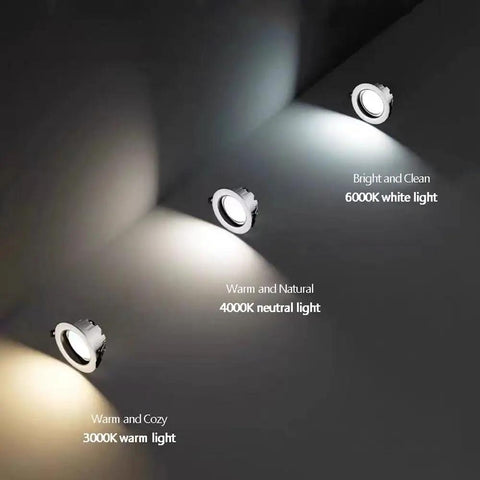 15 Pack Adjustable LED Recessed Downlights 39 To 59 Inch displaying 3000K, 4000K, and 6000K light settings on a wall.