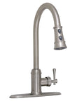 Single-Handle Pull-Down Kitchen Faucet With Sprayer In Satin Nickel Two-Function Head One-Hole Mount Easy Temperature Control 1.8 GPM Flow Durable Ceramic Valve Boss-Level Look For Busy Kitchens