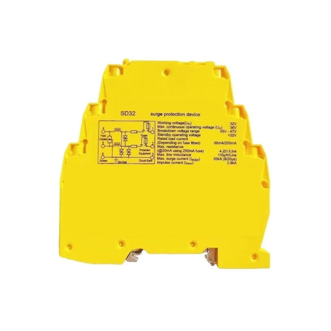 Surge Protection Device SD32 32V 250mA DIN Rail Control Circuit Protector for industrial equipment, yellow casing, rear view