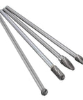 Set of four tungsten carbide rotary burrs with 1/4-inch shanks for die grinder, diamond-cut heads, 150–160mm long