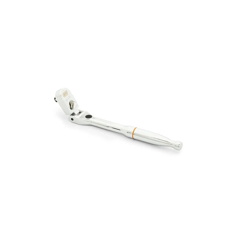 Quarter Inch Drive Locking Flex Head Ratchet With 60 Tooth Gear And Nine Position Push Button Lock And Compact Head Design Built For Tight Spots And A Full Polish Grip For Comfort And Control, angled view