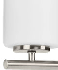 Close-up of Two Light Etched White Glass Modern Bath Vanity Light In Brushed Nickel Finish