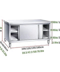 Built Tough Heavy Duty Prep Workbench With Sliding Doors Rust Resistant Stainless Steel Kitchen Table dimensions and storage details.