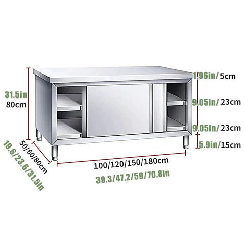 Built Tough Heavy Duty Prep Workbench With Sliding Doors Rust Resistant Stainless Steel Kitchen Table dimensions and storage details.