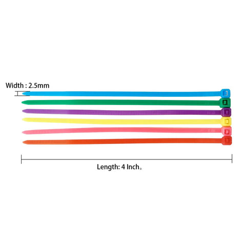 Colorful 4 Inch UV Resistant Zip Ties Set, 600 Pack With 100 Ties Per Color In Yellow Blue Red Green Pink Purple, 40 Lb Tensile Strength