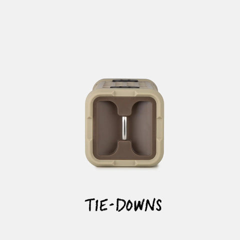 Ranger Outdoor Bluetooth Speaker 5.4, rugged tan end view showing tie-down feature, IP67 waterproof, shockproof design for wild adventures