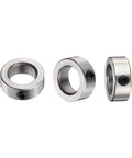 Three stainless steel 8mm shaft lock collars with set screws, shown from front and side views.