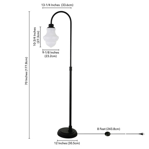 Tall Floor Lamp With Glass Shade In Blackened Bronze And White Milk Finish with dimensions, graceful arc, metal base