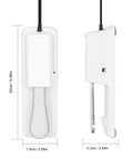 Universal Keyboard Sustain Pedal With 1/4 Inch Input Plug And Anti Slip Rubber Bottom, side and top view dimensions shown