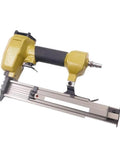 Heavy Duty 18 Gauge Pneumatic Nail Gun With A Slick Soft Grip Handle And Zero Hassle Magazine Loading, showing side view.