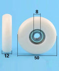 Heavy Duty Plastic Coated Ball Bearing Pulley Rollers Featuring Pom Spherical Cam Design And Slick Operation Smooth Glides Over Tracks For Windows Doors And Utility Carts 97Kg Capacity 10 Pack Bundle Built Tough showing dimensions 50mm diameter, 12mm thick, 8mm bore.