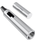 Accusize MT2–MT3 Morse taper sleeve adaptor, hardened and ground steel, silver finish, angled side view.