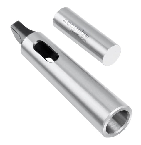 Accusize MT2–MT3 Morse taper sleeve adaptor, hardened and ground steel, silver finish, angled side view.