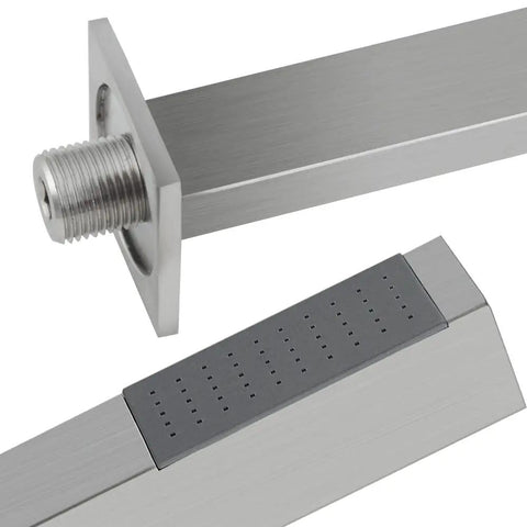 Close-up of Rainfall Shower System Bundle With 10 Inch Concealed Wall Mount Head, showing brushed nickel finish and details.