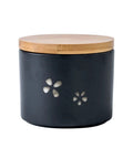 Matte Black Ceramic Coffee Canister With Premium Airtight Seal Keeps Your Daily Grind Fresh No Fuss Wide Mouth Design For Easy Scooping And Reliable Kitchen Pantry Storage, featuring a bamboo lid and floral design.