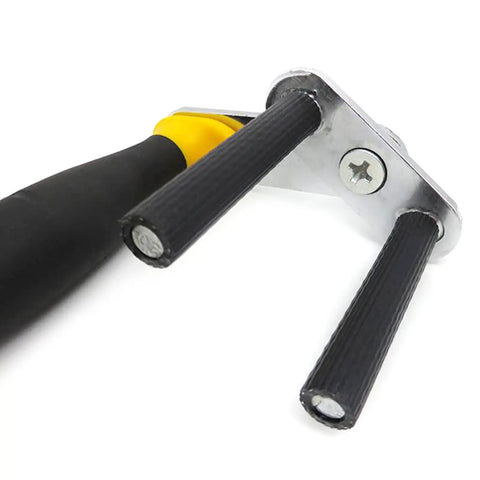 Close-up of the rubber handle and clamps of Heavy Duty Adjustable Drywall Handler With Ergonomic Rubber Handle Rock Solid Aluminum Frame Saves Your Back Handling Plywood Gypsum Panels Tile Hassle Free.