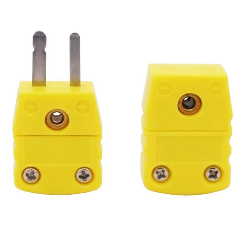 K-type thermocouple plug adapters, yellow plastic, male and female pair