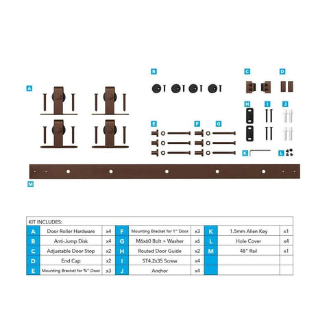 Components of the 48 Inch Mini Barn Door Hardware Kit for Double Cabinet Doors Top Mount Design in Oil Rubbed Bronze.