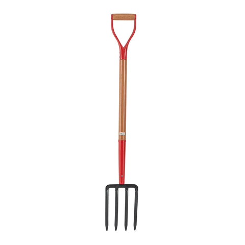 Spading Fork With 4 Tine Steel Head 30 Inch Wood D Handle Tough As Nails Garden And Landscaping Digging Fork Model 30293 front view