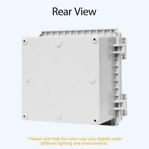 Rear view of IP67 Waterproof ABS Plastic Junction Box With Clear Hinged Cover And Stainless Steel Latch, Heavy Duty Electrical Enclosure.