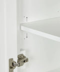 Inside view of 20 Inch Linen Cabinet showing adjustable shelf pins and soft close hinges, part of Top Notch 68 Inch Bathroom Vanity Set Packs 48 Inch Single Sink Base.