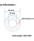 Silicone tubing size diagram showing 4mm OD, 2mm ID, 1mm wall, 10 ft length