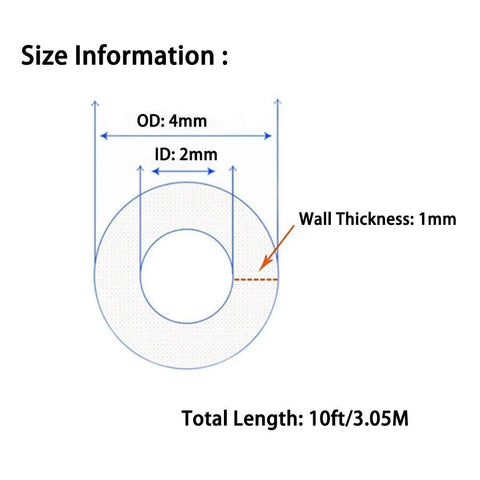 Silicone tubing size diagram showing 4mm OD, 2mm ID, 1mm wall, 10 ft length
