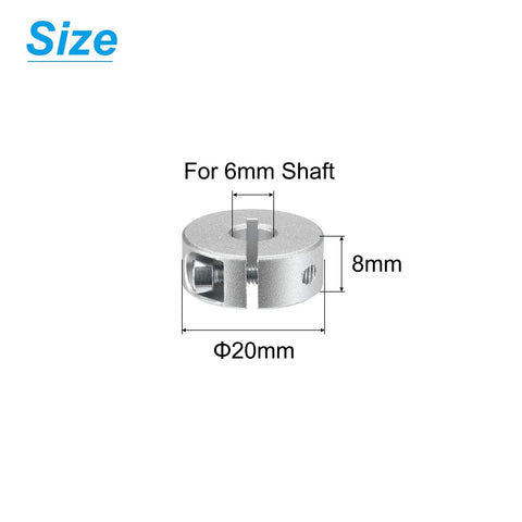 Diagram showing Split Shaft Collar Set For 6mm Shaft, Aluminum Clamp-On Collars, 20mm Outer Diameter, 8mm Thick with dimensions.